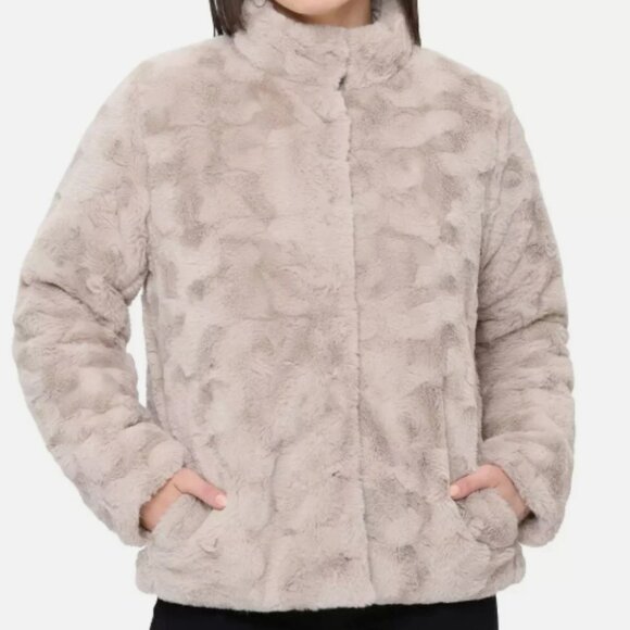 NWT Nicole Miller Reversible Faux Fur Puffer Jacket Tan Size Small - Picture 3 of 16